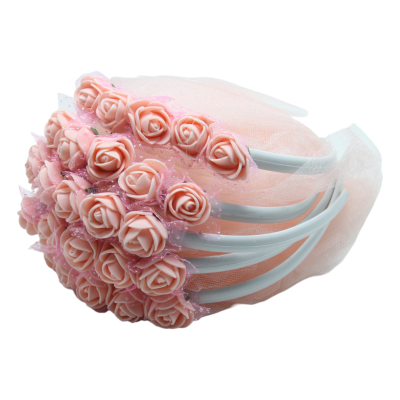 Brautjungfern Haarreifen Weiß mit rosa Tüll und rosa Blumen - 5 St. - 0