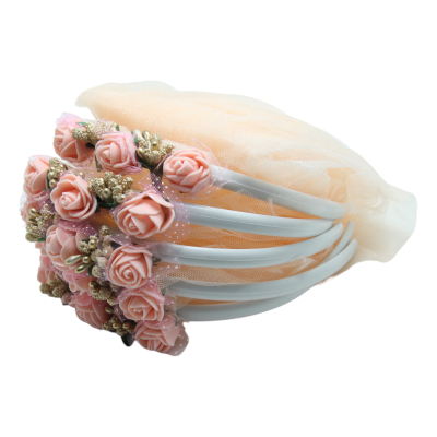 Brautjungfern Haarreifen Weiß mit aprikosenfarbenem Tüll und rosa Blumen - 5 St. - 0