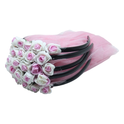 Brautjungfern Haarreifen schwarz mit rosa Tüll und rosa-weißen Blumen - 5 St. - 0