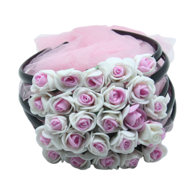 Brautjungfern Haarreifen schwarz mit rosa Tüll und rosa-weißen Blumen - 5 St. - 1