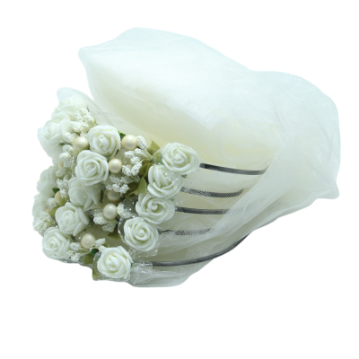 Brautjungfern Haarreifen Metallbügel mit weißem Tüll, weißem Gesteck und weißen Blumen - 5 St. - 0